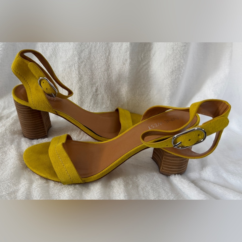 Nine West Yellow Suede Ankle Strap Block Heel Sandals - Picture 2 of 9